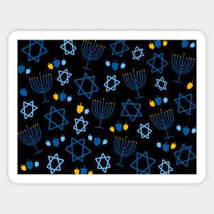 Hanukkah Stars, Menorahs, and Dreidels Doodle Pattern on a Black Background, made by EndlessEmporium Sticker